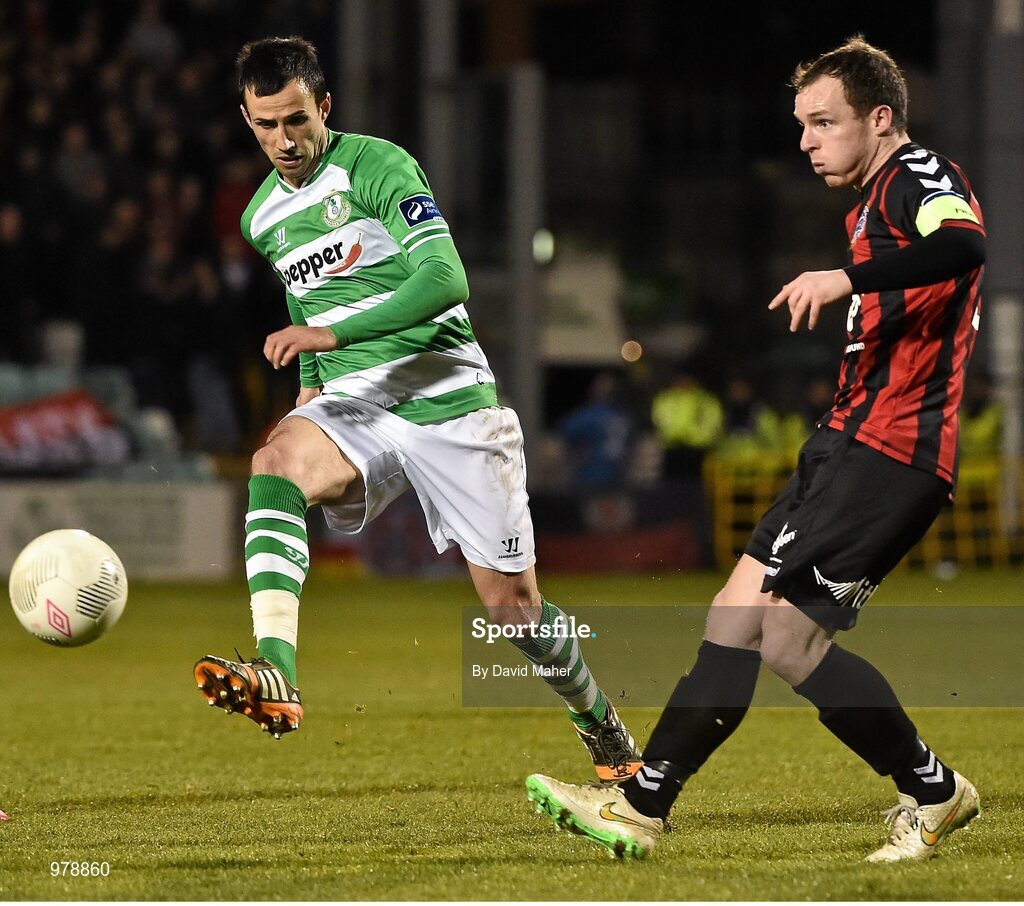 27 March 2015; Derek Pender, Bohemians, in action against Keith Fahey, Shamrock Rovers . SSE Airtricity League Premier Division, Shamrock Rovers v Bohemians. Tallaght Stadium, Tallaght, Co. Dublin. Picture credit: David Maher / SPORTSFILE