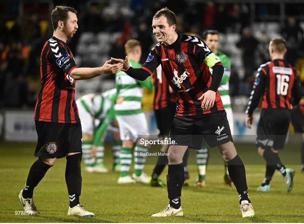 27 March 2015; Derek Pender, right and Paddy Kavanagh, Bohemians, at the end of the game . SSE Airtricity League Premier Division, Shamrock Rovers v Bohemians. Tallaght Stadium, Tallaght, Co. Dublin. Picture credit: David Maher / SPORTSFILE