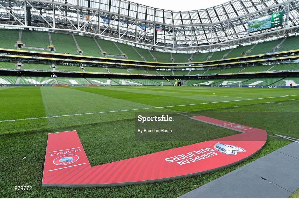 29 March 2015; The lineup arch is prepared at pitchside ahead of the game. UEFA EURO 2016 Championship Qualifier, Group D, Republic of Ireland v Poland. Aviva Stadium, Lansdowne Road, Dublin. Picture credit: Brendan Moran / SPORTSFILE