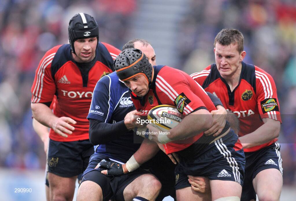 12 April 2008; Alan Quinlan, Munster, is tackled by Girvan Dempsey, Leinster. Magners League, Leinster v Munster, RDS, Ballsbridge, Dublin. Picture credit: Brendan Moran / SPORTSFILE
