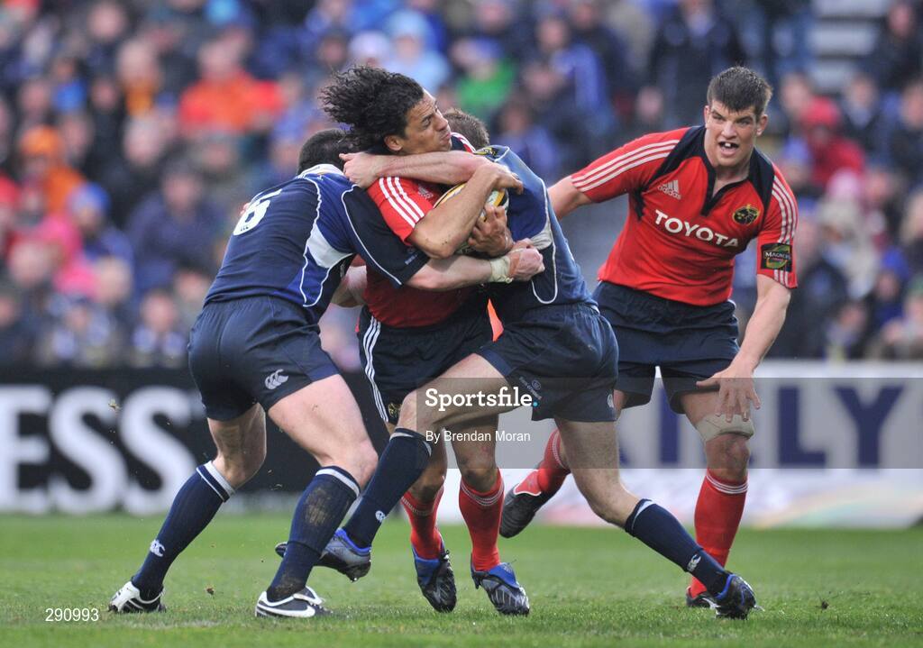 12 April 2008; Doug Howlett, Munster, is tackled by Shane Jennings and Chria Whitaker, Leinster. Magners League, Leinster v Munster, RDS, Ballsbridge, Dublin. Picture credit: Brendan Moran / SPORTSFILE