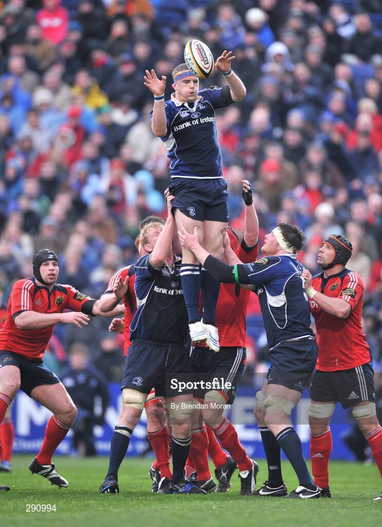 12 April 2008; Jamie Heaslip, Leinster, wins possession in a lineout. Magners League, Leinster v Munster, RDS, Ballsbridge, Dublin. Picture credit: Brendan Moran / SPORTSFILE