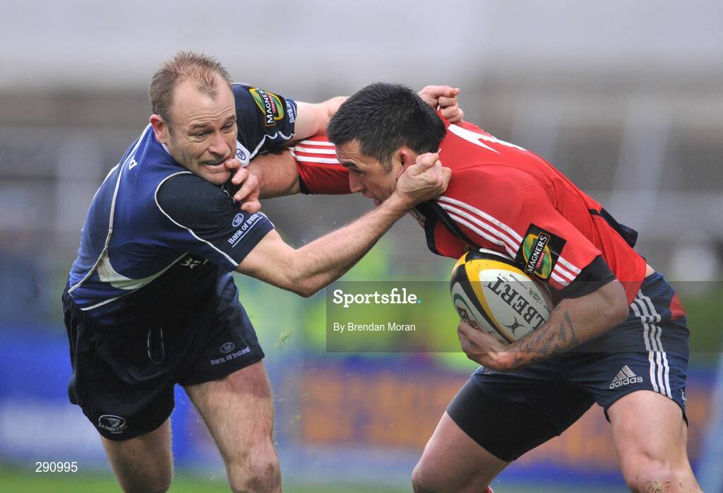 12 April 2008; Rua Tipoki, Munster, is tackled by Chris Whitaker, Leinster. Magners League, Leinster v Munster, RDS, Ballsbridge, Dublin. Picture credit: Brendan Moran / SPORTSFILE