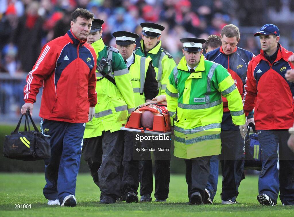 12 April 2008; Munster scrum-half Peter Stringer is stretchered off during the second half. Magners League, Leinster v Munster, RDS, Ballsbridge, Dublin. Picture credit: Brendan Moran / SPORTSFILE