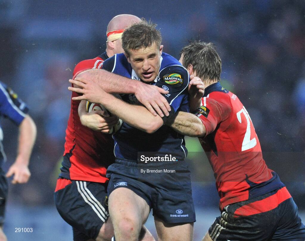 12 April 2008; Luke Fitzgerald, Leinster, is tackled by John Hayes, left, and Tomas O'Leary, Munster. Magners League, Leinster v Munster, RDS, Ballsbridge, Dublin. Picture credit: Brendan Moran / SPORTSFILE