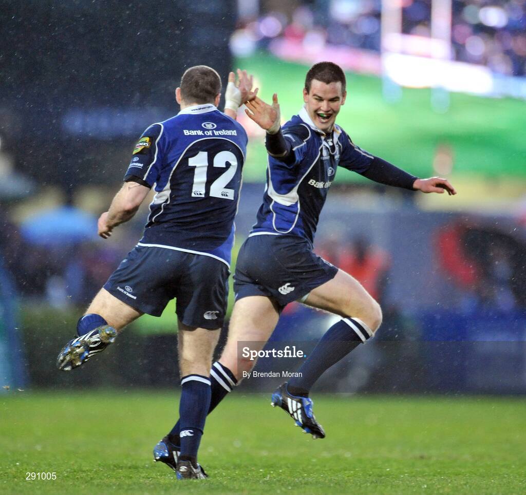 12 April 2008; Jonathan Sexton, Leinster, celebrates with team-mate Felipe Contepomi, 12, after dropping a goal late in the game. Magners League, Leinster v Munster, RDS, Ballsbridge, Dublin. Picture credit: Brendan Moran / SPORTSFILE