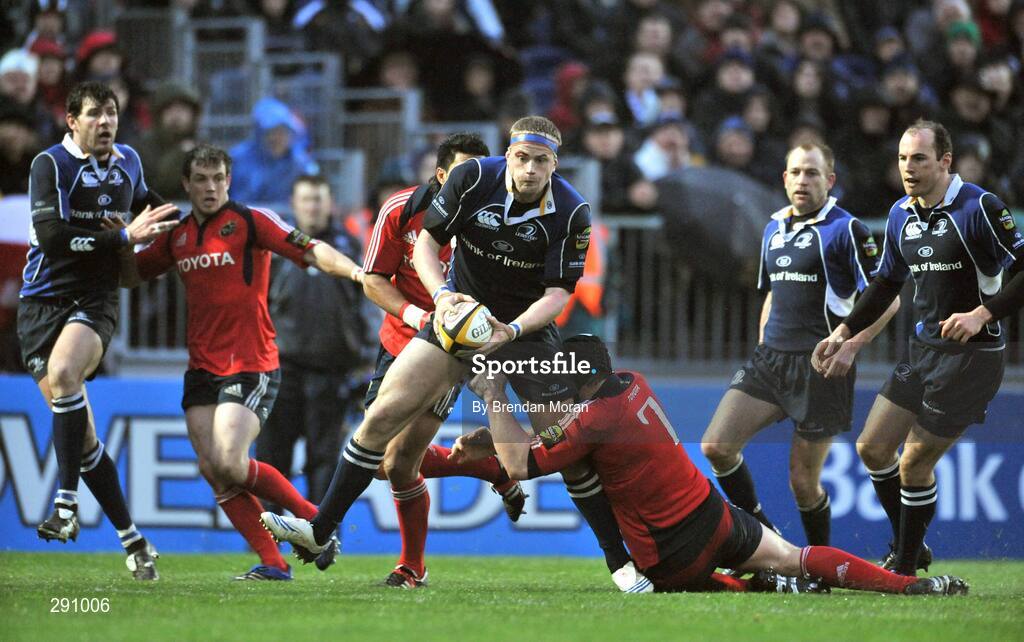 12 April 2008; Jamie Heaslip, Leinster, is tackled by Denis Leamy, Munster. Magners League, Leinster v Munster, RDS, Ballsbridge, Dublin. Picture credit: Brendan Moran / SPORTSFILE