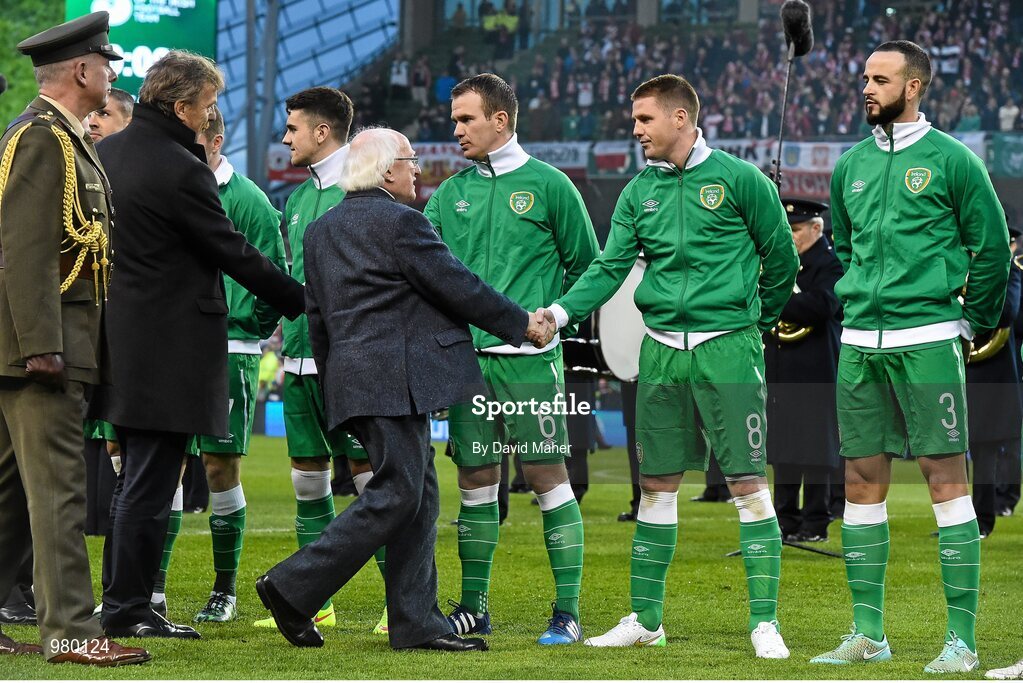 29 March 2015;  President of Ireland, Michael D Higgins, shakes hands with James McCarthy, Republic of Ireland. UEFA EURO 2016 Championship Qualifier, Group D, Republic of Ireland v Poland. Aviva Stadium, Lansdowne Road, Dublin. Picture credit: David Maher / SPORTSFILE