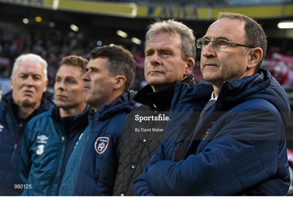 29 March 2015; Pictured, from right, are Republic of Ireland manager Martin O'Neill with Steve Walford, coach, Roy Keane, assistant manager, Steve Guppy, coach, and goalkeeping coach Seamus McDonagh before the game. UEFA EURO 2016 Championship Qualifier, Group D, Republic of Ireland v Poland. Aviva Stadium, Lansdowne Road, Dublin. Picture credit: David Maher / SPORTSFILE