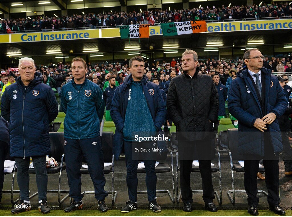 29 March 2015; Pictured, from right, are Republic of Ireland manager Martin O'Neill with Steve Walford, coach, Roy Keane, assistant manager, Steve Guppy, coach, and goalkeeping coach Seamus McDonagh before the game. UEFA EURO 2016 Championship Qualifier, Group D, Republic of Ireland v Poland. Aviva Stadium, Lansdowne Road, Dublin. Picture credit: David Maher / SPORTSFILE