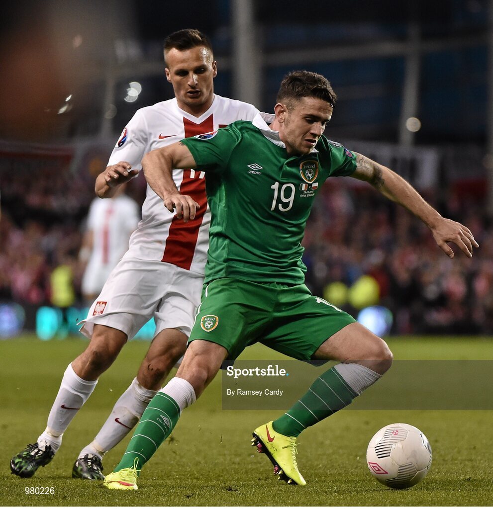29 March 2015; Robbie Brady, Republic of Ireland, in action against Slawomir Peszko, Poland. UEFA EURO 2016 Championship Qualifier, Group D, Republic of Ireland v Poland. Aviva Stadium, Lansdowne Road, Dublin. Picture credit: Ramsey Cardy / SPORTSFILE