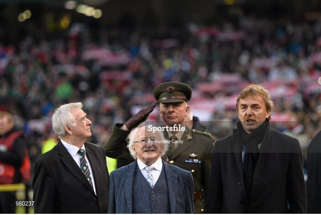 29 March 2015; President of Ireland Michael D Higgins during the National Anthem. UEFA EURO 2016 Championship Qualifier, Group D, Republic of Ireland v Poland. Aviva Stadium, Lansdowne Road, Dublin. Picture credit: Ramsey Cardy / SPORTSFILE