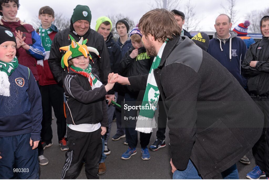 29 March 2015; Love/Hate actor Peter Coonan with Ethan Dagg, Lorrha, Nenagh, Co. Tipperary, left, at the Continental Tyres Fan Zone before the game. UEFA EURO 2016 Championship Qualifier, Group D, Republic of Ireland v Poland. Aviva Stadium, Lansdowne Road, Dublin. Picture credit: Pat Murphy / SPORTSFILE