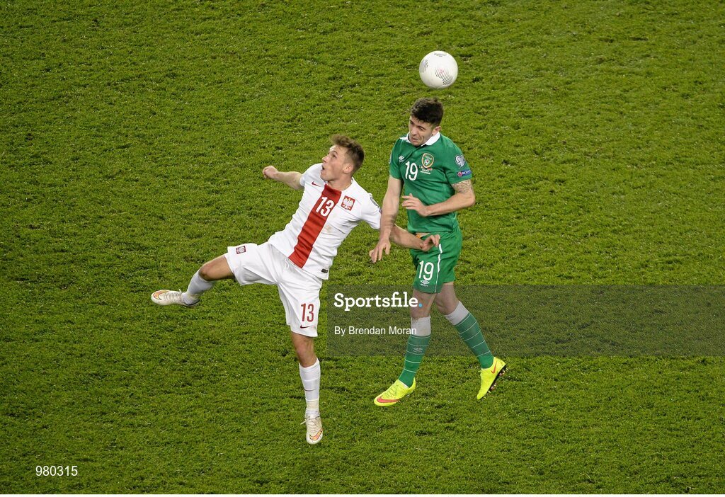 29 March 2015; Maciej Rybus, Poland, in action against Robbie Brady, Republic of Ireland. UEFA EURO 2016 Championship Qualifier, Group D, Republic of Ireland v Poland. Aviva Stadium, Lansdowne Road, Dublin. Picture credit: Brendan Moran / SPORTSFILE