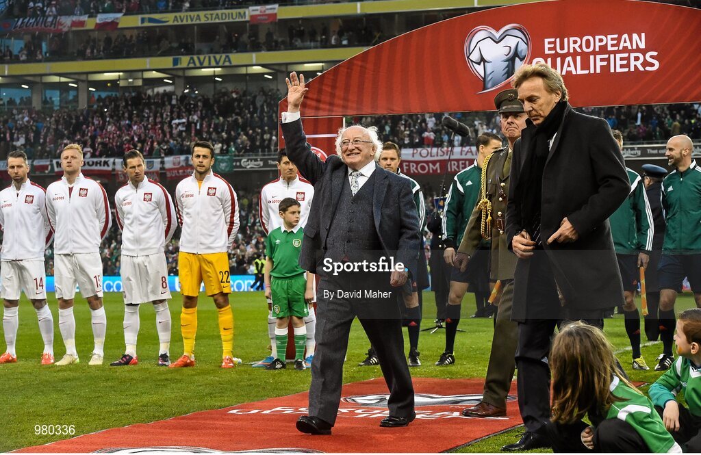 29 March 2015; President of Ireland Michael D Higgins, with former Polish International Zbigniew Boniek, before the start of the game. UEFA EURO 2016 Championship Qualifier, Group D, Republic of Ireland v Poland. Aviva Stadium, Lansdowne Road, Dublin. Picture credit: David Maher / SPORTSFILE