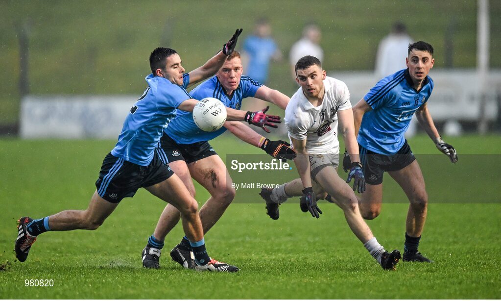 2 April 2015; David Duke, Kildare, in action against Dublin players, from left, Niall Scully, Michael Deegan and Cormac Cullen. EirGrid Leinster U21 Football Championship Final, Dublin v Kildare. Páirc Táilteann, Navan, Co. Meath. Picture credit: Matt Browne / SPORTSFILE