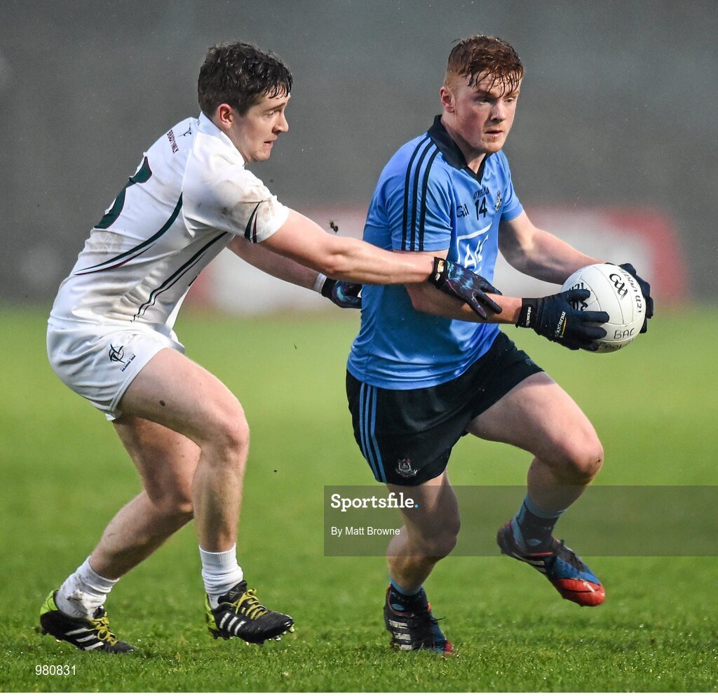 2 April 2015; Conor McHugh, Dublin, in action against Darren Mcguire, Kildare. EirGrid Leinster U21 Football Championship Final, Dublin v Kildare. Páirc Táilteann, Navan, Co. Meath. Picture credit: Matt Browne / SPORTSFILE