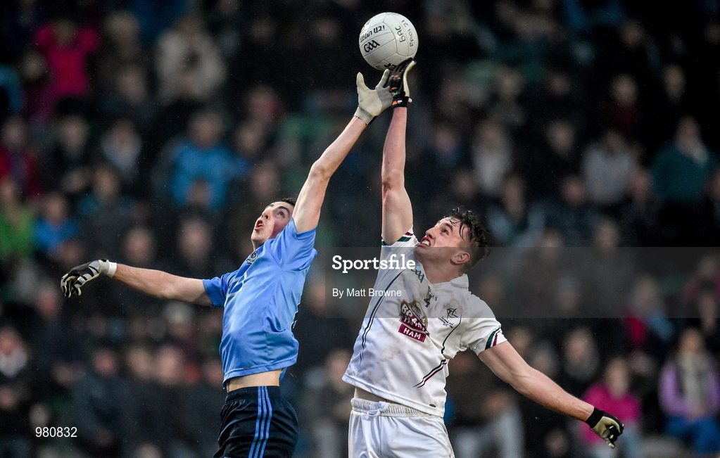 2 April 2015; Cormac Costello, Dublin, and Paul Mescal, Kildare, contest a dropping ball. EirGrid Leinster U21 Football Championship Final, Dublin v Kildare. Páirc Táilteann, Navan, Co. Meath. Photo by Matt Browne/Sportsfile