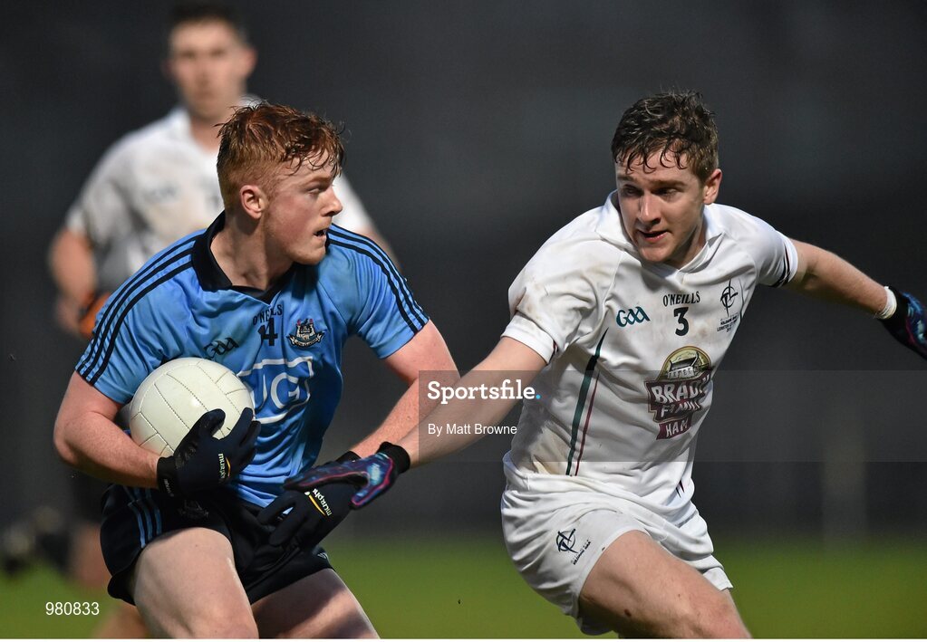 2 April 2015; Conor McHugh, Dublin, in action against Darren Mcguire, Kildare. EirGrid Leinster U21 Football Championship Final, Dublin v Kildare. Páirc Táilteann, Navan, Co. Meath. Picture credit: Matt Browne / SPORTSFILE
