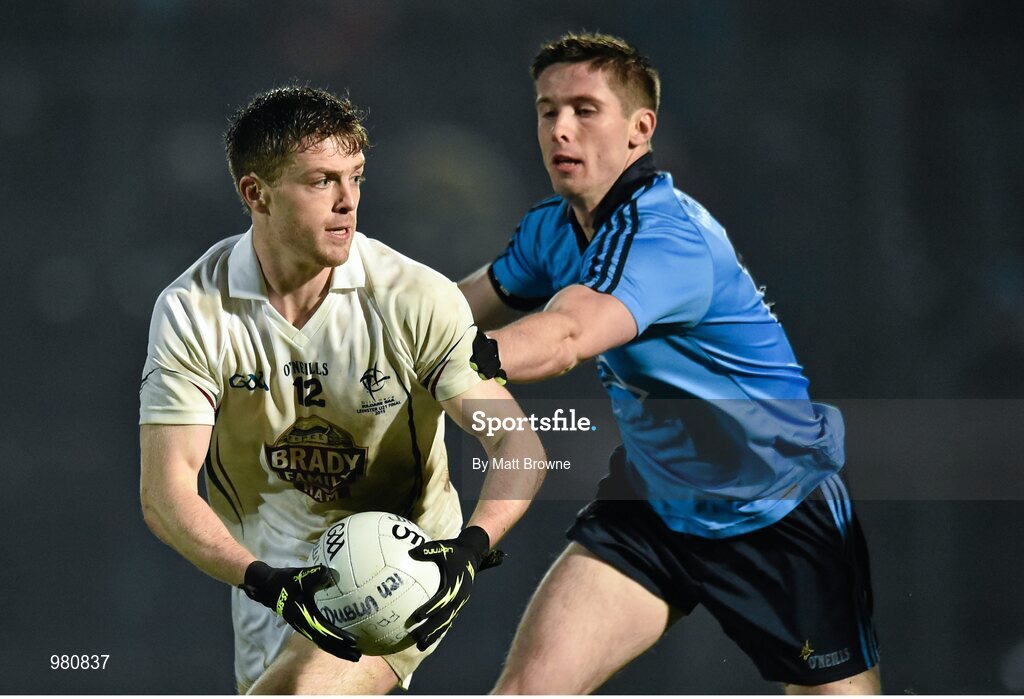 2 April 2015; Niall Kelly, Kildare, in action against Robert Gaughan, Dublin. EirGrid Leinster U21 Football Championship Final, Dublin v Kildare. Páirc Táilteann, Navan, Co. Meath. Picture credit: Matt Browne / SPORTSFILE
