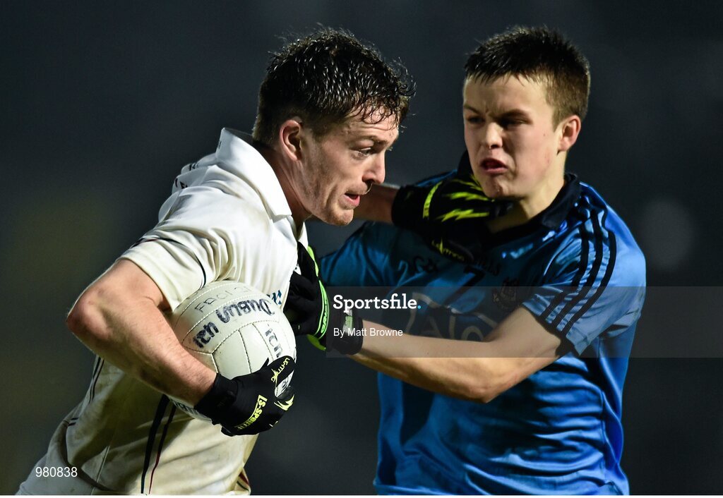 2 April 2015; Niall Kelly, Kildare, in action against Eoin Murchan, Dublin. EirGrid Leinster U21 Football Championship Final, Dublin v Kildare. Páirc Táilteann, Navan, Co. Meath. Picture credit: Matt Browne / SPORTSFILE