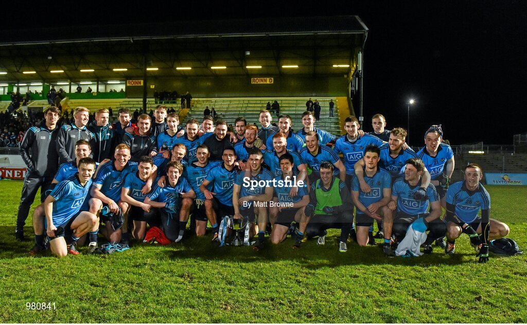 2 April 2015; The Dublin team celebrate with the cup. EirGrid Leinster U21 Football Championship Final, Dublin v Kildare. Páirc Táilteann, Navan, Co. Meath. Picture credit: Matt Browne / SPORTSFILE