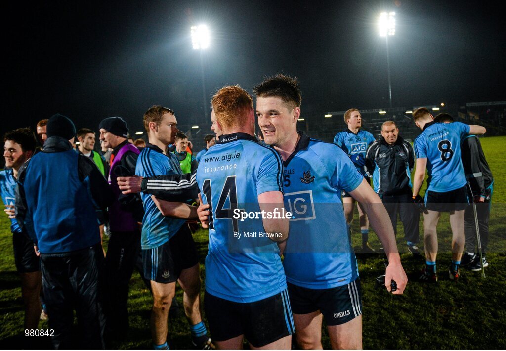 2 April 2015; Dublin's Conor McHugh, 14, and Eric Lowndes celebrate after the match. EirGrid Leinster U21 Football Championship Final, Dublin v Kildare. Páirc Táilteann, Navan, Co. Meath. Picture credit: Matt Browne / SPORTSFILE