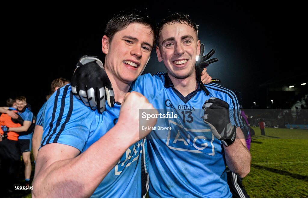 2 April 2015; Conor Mullally, left, and Cormac Costello celebrate at the end of the game. EirGrid Leinster U21 Football Championship Final, Dublin v Kildare. Páirc Táilteann, Navan, Co. Meath. Picture credit: Matt Browne / SPORTSFILE