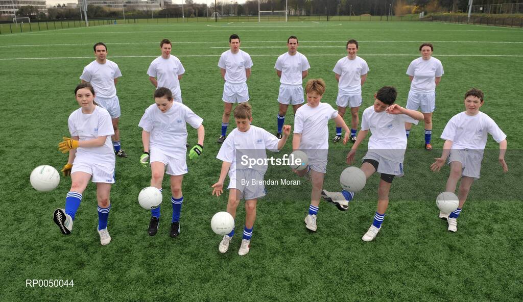 8 April 2008; Halifax has unveiled ten top inter-county stars as Brand Ambassadors to support the Halifax GaelicPerformance Summer Camps in 2008. The role of the ambassadors will include attending the camps and developing a specially designed Gaelic Skills training poster for children as well as other initiatives to be launched over the coming month. The ambassadors include Alan Kerins, Galway, Declan O'Sullivan, Kerry, Stephen Bray, Meath, Bernard Brogan, Dublin, Sean Cavanagh, Tyrone, James Masters, Cork, Alan Dillon, Mayo, Paul Casey, Dublin and Paul Finlay, Monaghan and Dublin ladies football captain Cliodhna O'Connor. Pictured are, front, from left, Hollie Minehan, Emma McDonagh, Kevin Wade, Sean Brodie, Eoghan Smyth and Ronan McDyer, all from St Fintan's School Sutton, Dublin, with ambassadors, from left, Paul Finlay, Monaghan, Stephen Bray, Meath, Sean Cavanagh, Tyrone, Declan O'Sullivan, Kerry, Alan Dillon, Mayo and Cliodhna O'Connor, Dublin. University College Dublin, Belfield, Dublin. Picture credit: Brendan Moran / SPORTSFILE