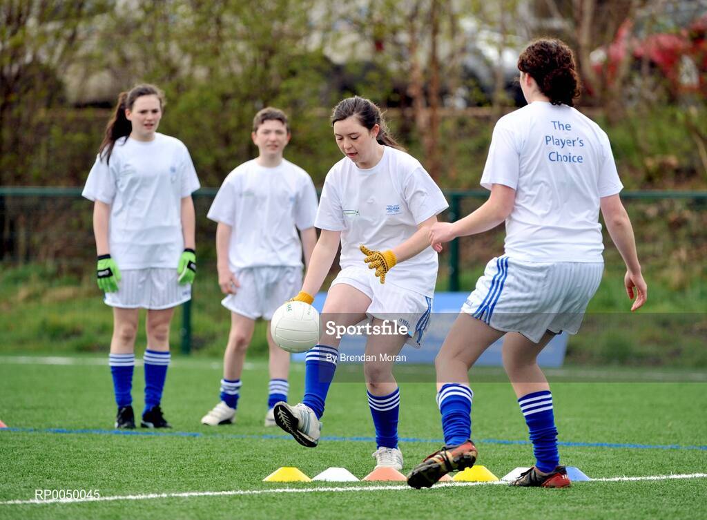 8 April 2008; Halifax has unveiled ten top inter-county stars as Brand Ambassadors to support the Halifax GaelicPerformance Summer Camps in 2008. The role of the ambassadors will include attending the camps and developing a specially designed Gaelic Skills training poster for children as well as other initiatives to be launched over the coming month. The ambassadors include Alan Kerins, Galway, Declan O'Sullivan, Kerry, Stephen Bray, Meath, Bernard Brogan, Dublin, Sean Cavanagh, Tyrone, James Masters, Cork, Alan Dillon, Mayo, Paul Casey, Dublin and Paul Finlay, Monaghan and Dublin ladies football captain Cliodhna O'Connor. Pictured is Hollie Minehan, from St Fintan's School, Sutton, Dublin, in action against Cliodhna O'Connor, Dublin. University College Dublin, Belfield, Dublin. Picture credit: Brendan Moran / SPORTSFILE