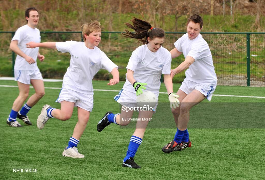 8 April 2008; Halifax has unveiled ten top inter-county stars as Brand Ambassadors to support the Halifax GaelicPerformance Summer Camps in 2008. The role of the ambassadors will include attending the camps and developing a specially designed Gaelic Skills training poster for children as well as other initiatives to be launched over the coming month. The ambassadors include Alan Kerins, Galway, Declan O'Sullivan, Kerry, Stephen Bray, Meath, Bernard Brogan, Dublin, Sean Cavanagh, Tyrone, James Masters, Cork, Alan Dillon, Mayo, Paul Casey, Dublin and Paul Finlay, Monaghan and Dublin ladies football captain Cliodhna O'Connor. Pictured is Emma McDonagh in action against Sean Brodie and Stephen Bray, Meath. University College Dublin, Belfield, Dublin. Picture credit: Brendan Moran / SPORTSFILE