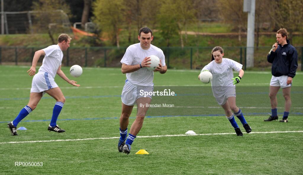8 April 2008; Halifax has unveiled ten top inter-county stars as Brand Ambassadors to support the Halifax GaelicPerformance Summer Camps in 2008. The role of the ambassadors will include attending the camps and developing a specially designed Gaelic Skills training poster for children as well as other initiatives to be launched over the coming month. The ambassadors include Alan Kerins, Galway, Declan O'Sullivan, Kerry, Stephen Bray, Meath, Bernard Brogan, Dublin, Sean Cavanagh, Tyrone, James Masters, Cork, Alan Dillon, Mayo, Paul Casey, Dublin and Paul Finlay, Monaghan and Dublin ladies football captain Cliodhna O'Connor. Pictured during a training drill are James Masters, Cork, Paul Casey, Dublin and Emma McDonagh, from St Fintan's School  Sutton, Dublin. University College Dublin, Belfield, Dublin. Picture credit: Brendan Moran / SPORTSFILE
