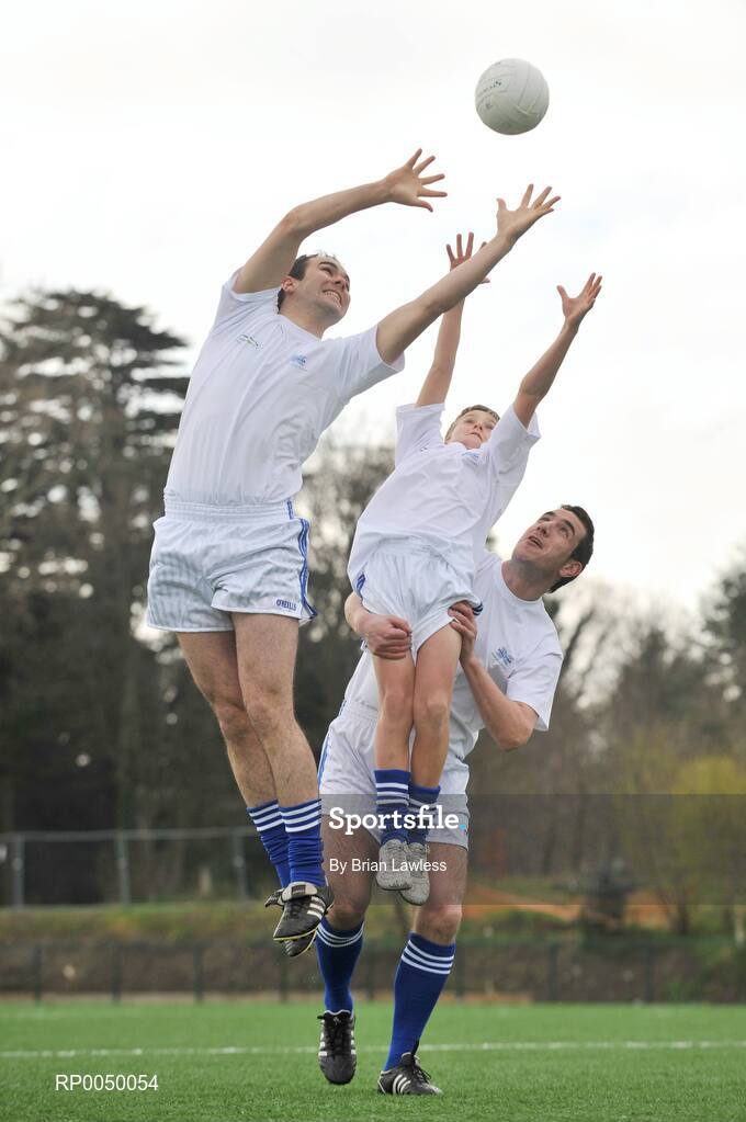 8 April 2008; Halifax has unveiled ten top inter-county stars as Brand Ambassadors to support the Halifax GaelicPerformance Summer Camps in 2008. The role of the ambassadors will include attending the camps and developing a specially designed Gaelic Skills training poster for children as well as other initiatives to be launched over the coming month. The ambassadors include Alan Kerins, Galway, Declan O'Sullivan, Kerry, Stephen Bray, Meath, Bernard Brogan, Dublin, Sean Cavanagh, Tyrone, James Masters, Cork, Alan Dillon, Mayo, Paul Casey, Dublin and Paul Finlay, Monaghan and Dublin ladies football captain Cliodhna O'Connor. Pictured is Kevin Wade, from St Fintan's School, Sutton, Dublin, in action against Paul Finlay, Monaghan, while getting a helping hand from Declan O'Sullivan, Kerry. University College Dublin, Belfield, Dublin. Picture credit: Brian Lawless / SPORTSFILE