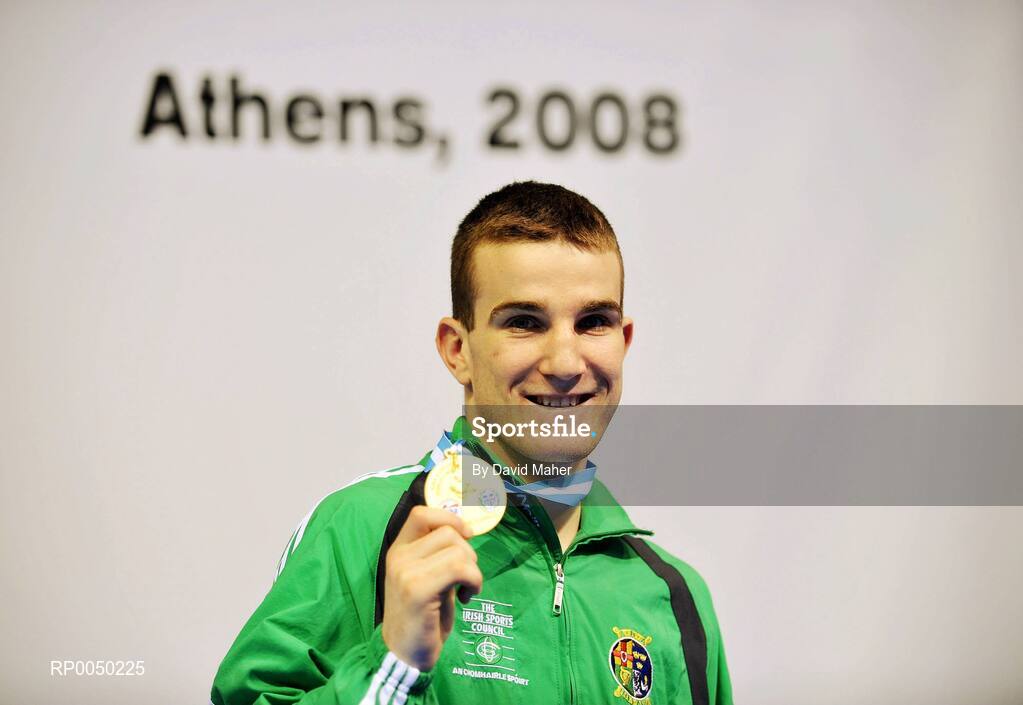 12 April 2008; Ireland’s John Joe Joyce, Light Welterweight 64kg, celebrates after winning a gold medal after victory over Egldljus Kavaliauskas, Lithuania, during the final at the final Olympic Qualifying tournament. Olympic Centre, Nikaia, Athens, Greece. Picture credit: David Maher / SPORTSFILE