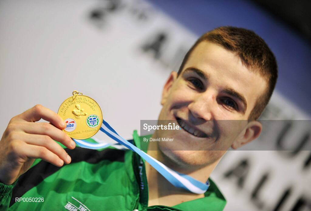 12 April 2008; Ireland’s John Joe Joyce, Light Welterweight 64kg, celebrates after winning a gold medal after victory over Egldljus Kavaliauskas, Lithuania, during the final at the final Olympic Qualifying tournament. Greece. Olympic Centre, Nikaia, Athens, Greece. Picture credit: David Maher / SPORTSFILE