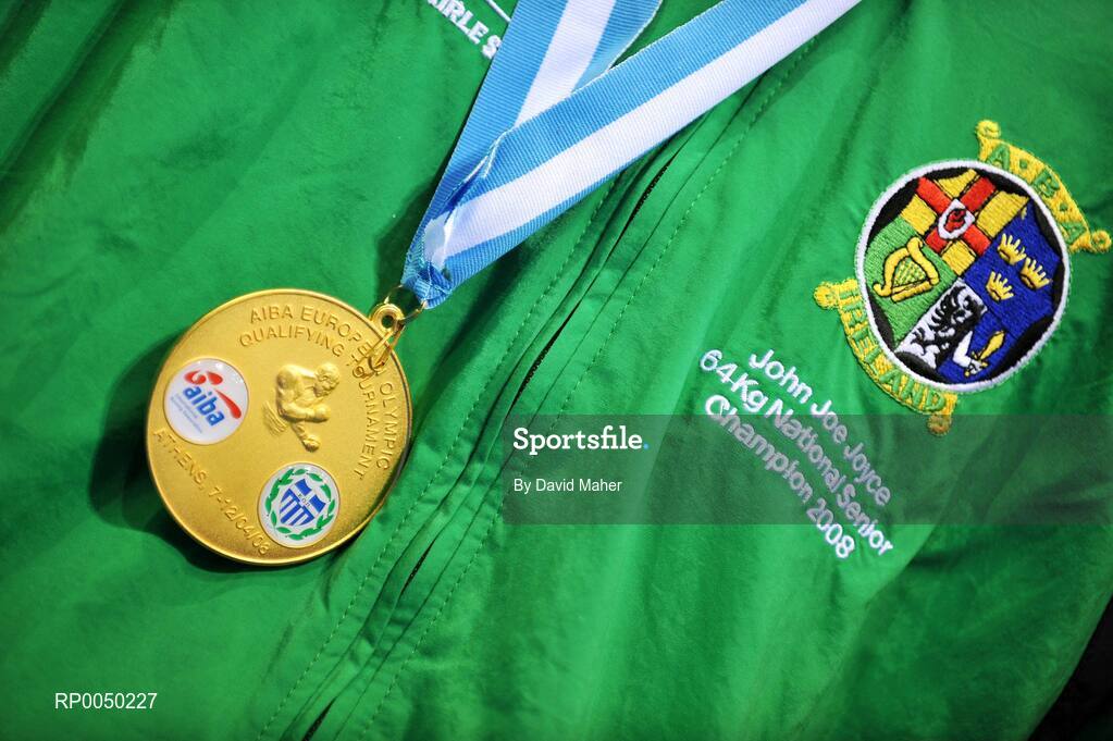 12 April 2008; Ireland’s John Joe Joyce, Light Welterweight 64kg, celebrates after winning a gold medal after victory over Egldljus Kavaliauskas, Lithuania, during the final at the final Olympic Qualifying tournament. Olympic Centre, Nikaia, Athens, Greece. . Picture credit: David Maher / SPORTSFILE