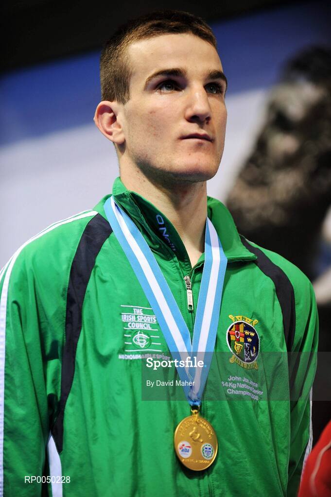 12 April 2008; Ireland’s John Joe Joyce, Light Welterweight 64kg, stands during the playing of the National Anthem after winning a gold medal after victory over Egldljus Kavaliauskas, Lithuania, during the final at the final Olympic Qualifying tournament. Olympic Centre, Nikaia, Athens, Greece. Picture credit: David Maher / SPORTSFILE