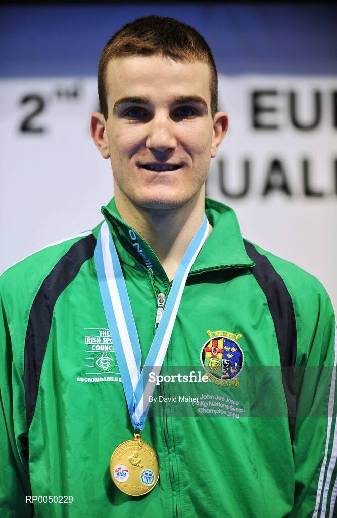 12 April 2008; Ireland’s John Joe Joyce, Light Welterweight 64kg, celebrates after winning a gold medal after victory over Egldljus Kavaliauskas, Lithuania, during the final at the final Olympic Qualifying tournament. Olympic Centre, Nikaia, Athens, Greece. Picture credit: David Maher / SPORTSFILE
