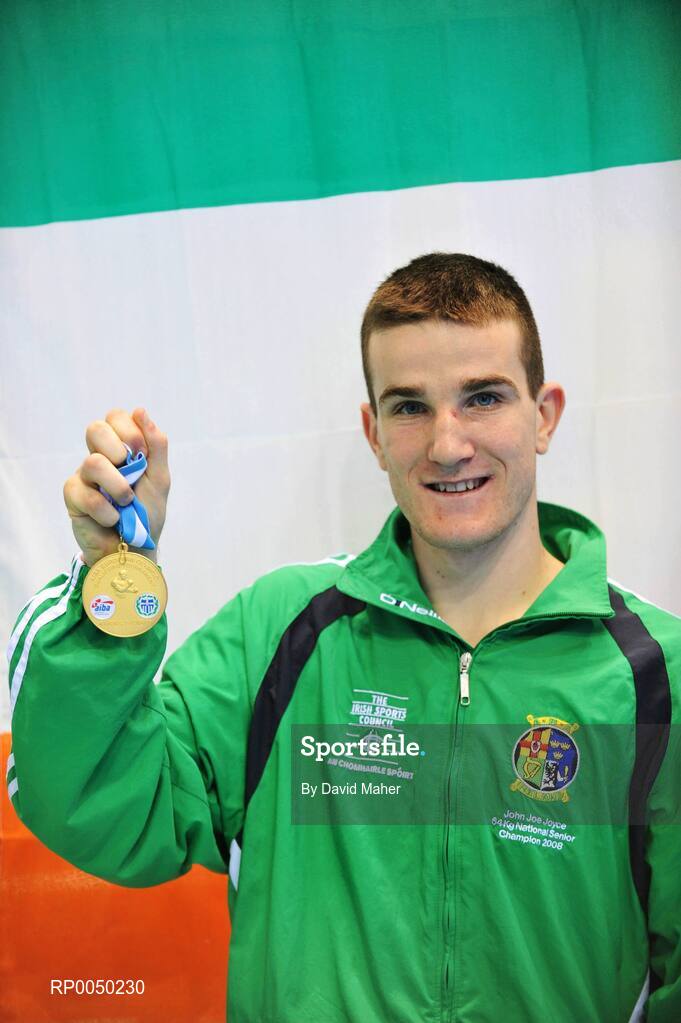 12 April 2008; Ireland’s John Joe Joyce, Light Welterweight 64kg, celebrates after winning a gold medal after victory over Egldljus Kavaliauskas, Lithuania, during the final at the final Olympic Qualifying tournament. Olympic Centre, Nikaia, Athens, Greece. Picture credit: David Maher / SPORTSFILE