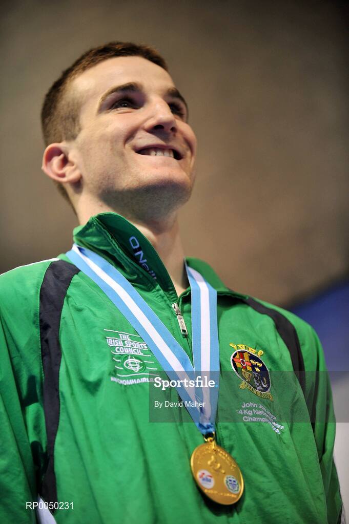 12 April 2008; Ireland’s John Joe Joyce, Light Welterweight 64kg, stands during the playing of the National Anthem after winning a gold medal after victory over Egldljus Kavaliauskas, Lithuania, during the final at the final Olympic Qualifying tournament. Olympic Centre, Nikaia, Athens, Greece. . Picture credit: David Maher / SPORTSFILE