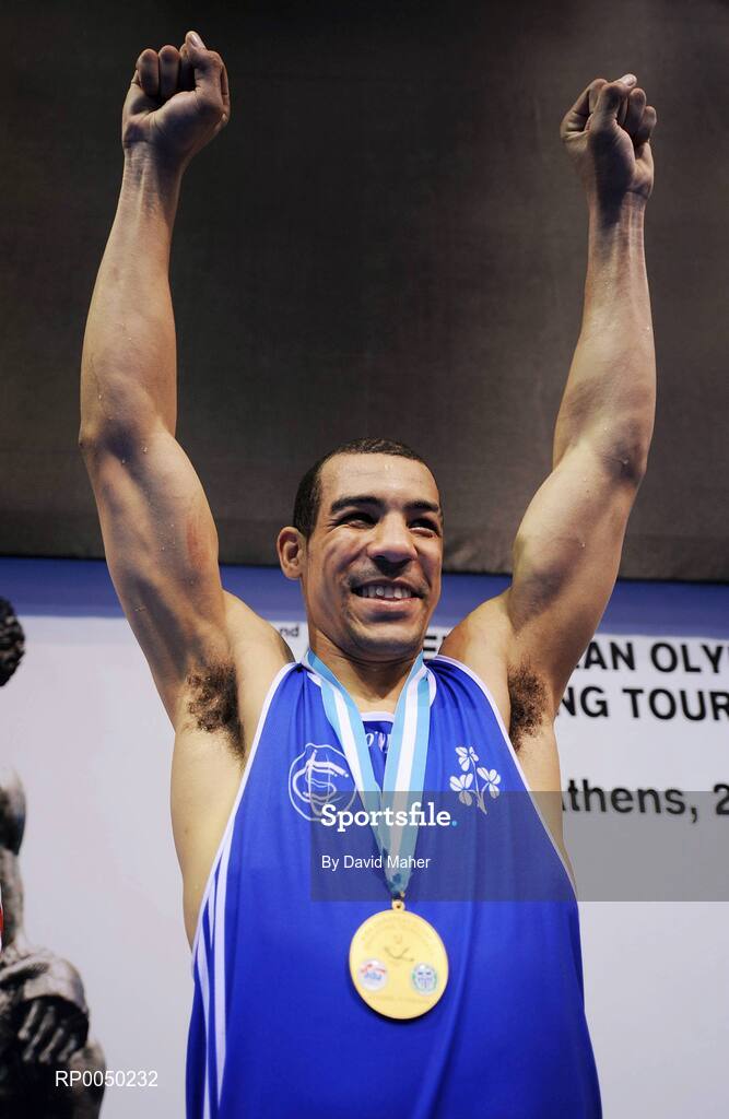 12 April 2008; Ireland’s  Darren Sutherland, Middle Weight 75kg, celebrates with his gold medal after victory over Jean Micheal Raymond, France, during the final at the final Olympic Qualifying tournament. Olympic Centre, Nikaia, Athens, Greece. Picture credit: David Maher / SPORTSFILE