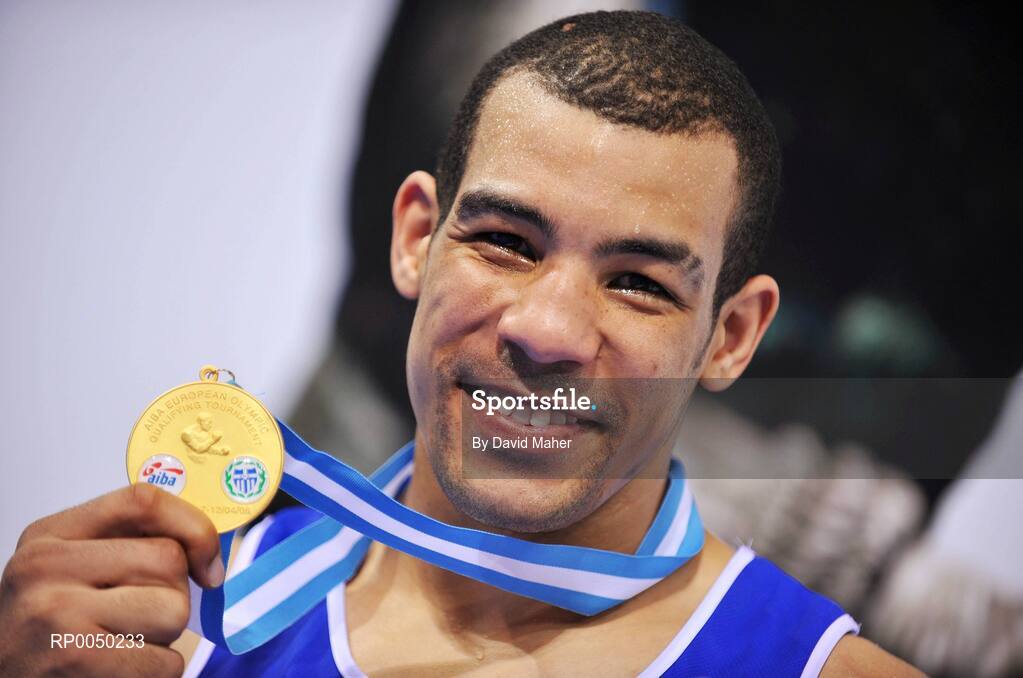 12 April 2008; Ireland’s Darren Sutherland, Middle Weight 75kg, celebrates with his gold medal after victory over Jean Micheal Raymond, France, during the final at the final Olympic Qualifying tournament. Olympic Centre, Nikaia, Athens, Greece. Picture credit: David Maher / SPORTSFILE