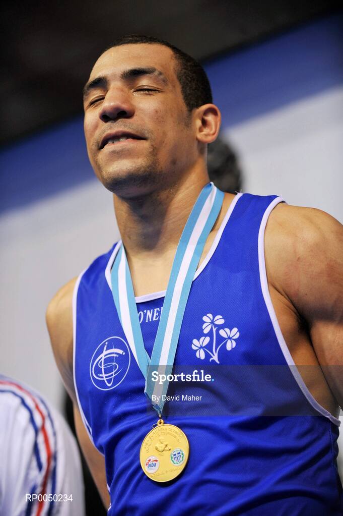 12 April 2008; Ireland’s Darren Sutherland, Middle Weight 75kg, during the playing of the National Anthem, with his gold medal after victory over Jean Micheal Raymond, France, during the final at the final Olympic Qualifying tournament. Olympic Centre, Nikaia, Athens, Greece. Picture credit: David Maher / SPORTSFILE