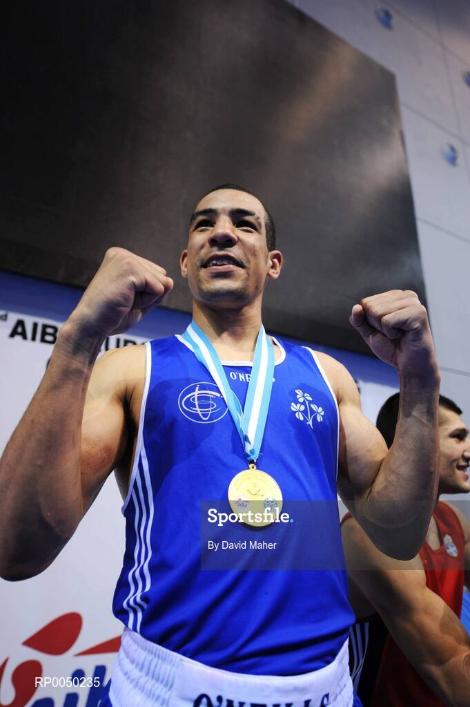 12 April 2008; Ireland’s Darren Sutherland, Middle Weight 75kg, celebrates after winning a gold medal, after victory over Jean Micheal Raymond, France, during the final at the final Olympic Qualifying tournament. Olympic Centre, Nikaia, Athens, Greece. . Picture credit: David Maher / SPORTSFILE