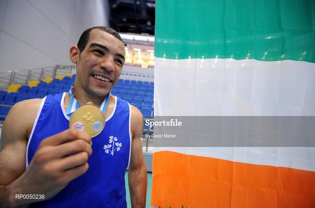 12 April 2008; Ireland’s Darren Sutherland, Middle Weight 75kg, celebrates winning a gold medal after victory over Jean Micheal Raymond, France, during the final at the final Olympic Qualifying tournament. Olympic Centre, Nikaia, Athens, Greece. Picture credit: David Maher / SPORTSFILE