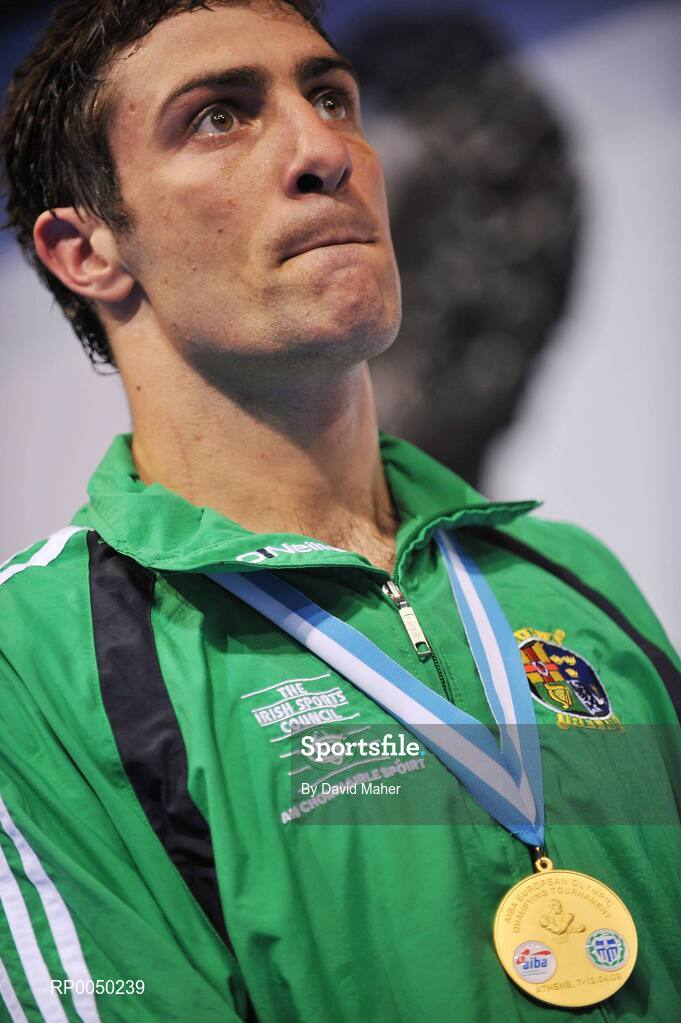 12 April 2008; Ireland’s Kenneth Egan, Light Heavy weight 91kg, standing during the National Anthem with his gold medal after victory over against Kennedy Katende, Sweden, during the final at the final Olympic Qualifying tournament. Olympic Centre, Nikaia, Athens, Greece. Picture credit: David Maher / SPORTSFILE