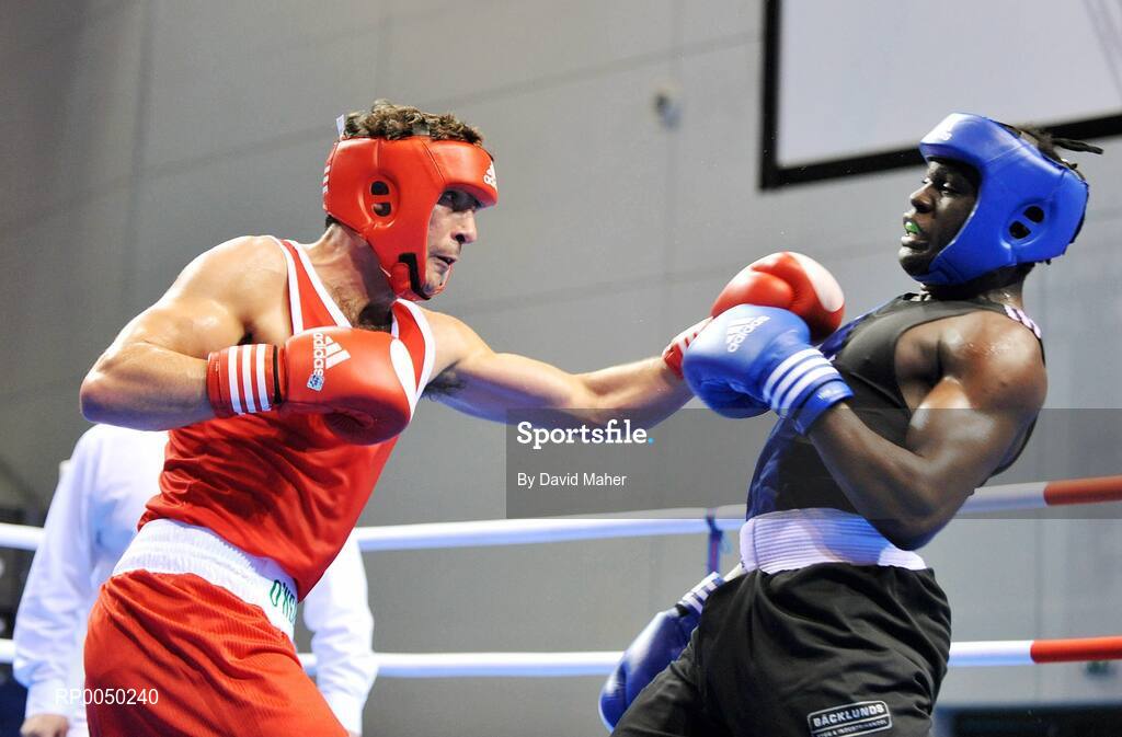 12 April 2008; Ireland’s Kenneth Egan, left, Light Heavy weight 91kg, in action against Kennedy Katende, Sweden, during the final at the final Olympic Qualifying tournament. Olympic Centre, Nikaia, Athens, Greece. Picture credit: David Maher / SPORTSFILE
