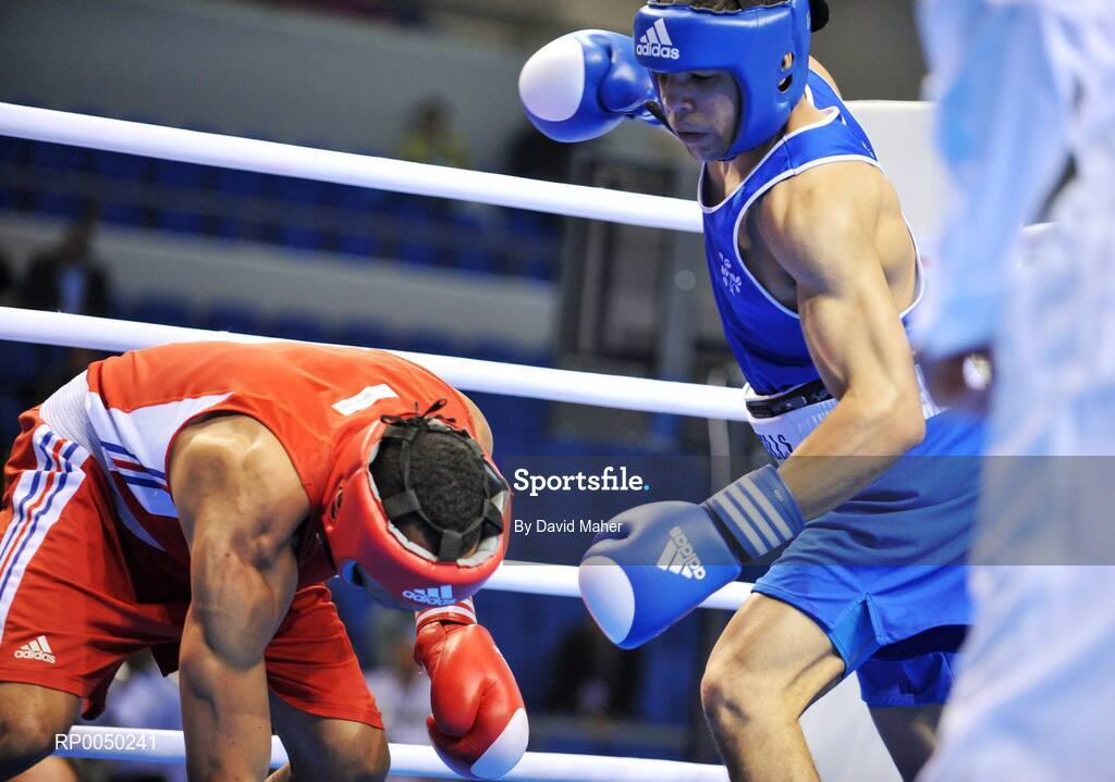 12 April 2008; Ireland’s Darren Sutherland, right, Middle Weight 75kg, in action against Jean Micheal Raymond, France, during the final at the final Olympic Qualifying tournament. Olympic Centre, Nikaia, Athens, Greece. Picture credit: David Maher / SPORTSFILE