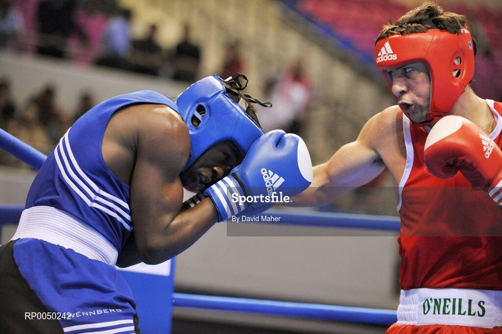 12 April 2008; Ireland’s Kenneth Egan, right, Light Heavy weight 91kg, in action against Kennedy Katende, Sweden, during the final at the final Olympic Qualifying tournament. Olympic Centre, Nikaia, Athens, Greece. . Picture credit: David Maher / SPORTSFILE