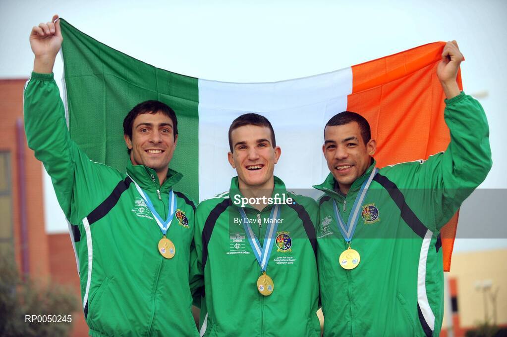 12 April 2008; Ireland’s Kenneth Egan, John Joe Joyce, and Darren Sutherland celebrate after winning  gold medals at the final Olympic Qualifying tournament. Olympic Centre, Nikaia, Athens, Greece. . Picture credit: David Maher / SPORTSFILE